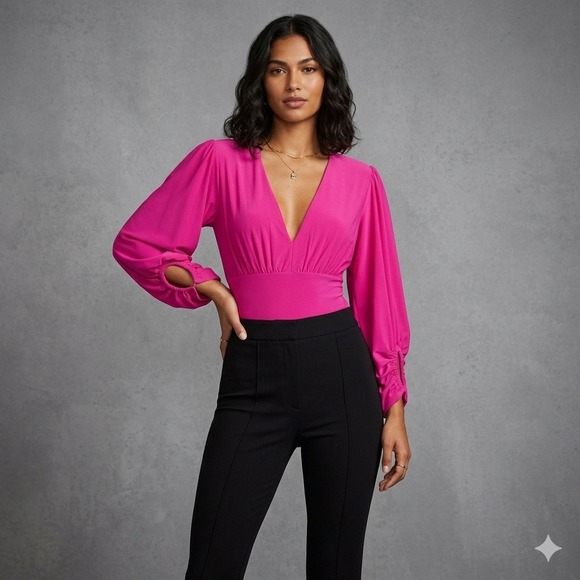 Express Tops - New Express Womens Size Small Bodysuit Hot Pink VNeck Balloon Sleeve Snap Crotch